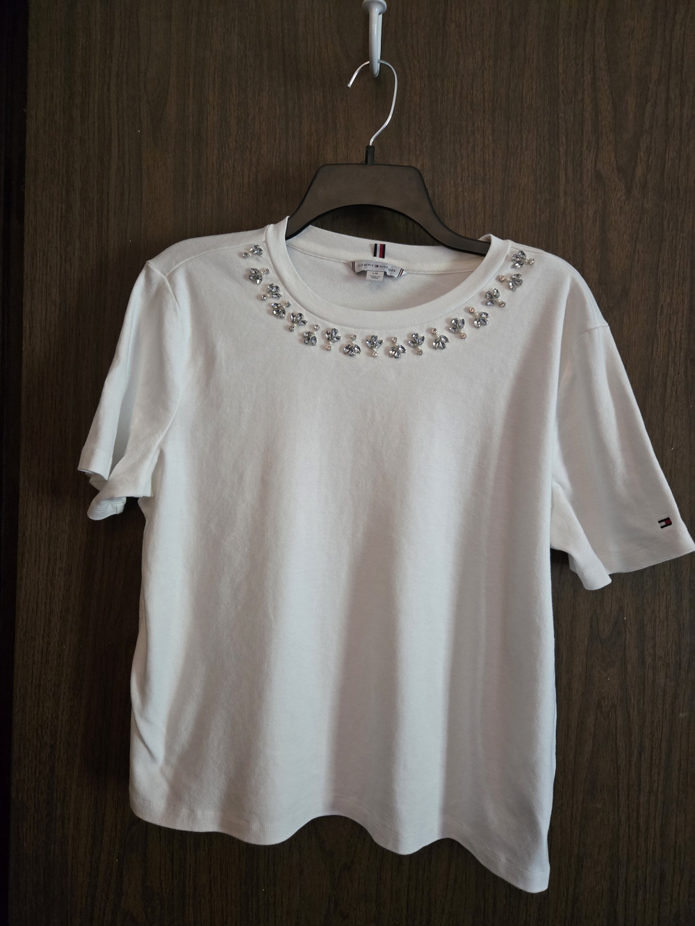 Tommy Hilfiger White Short-Sleeve Tee with Rhinestone Collar
